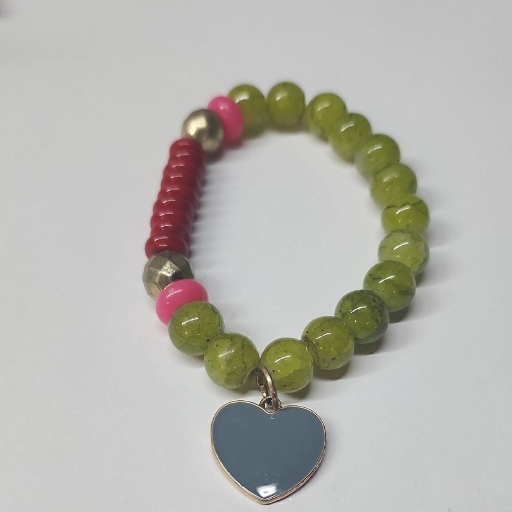 Green Beaded Bracelet with Heart Charm